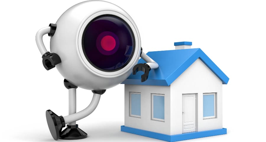 Illustration of a monitoring robot next to a house.